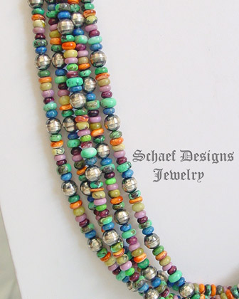 Schaef Designs Multi Mixed Stone & Sterling Silver Bench Bead 5 Strand Necklace Short turquoise, phosphosiderite, lapis, purple spiny oyster shell, orange spiny oyster shell, gem silica, serpentine beads Southwestern Basics Necklace Collection | New Mexico