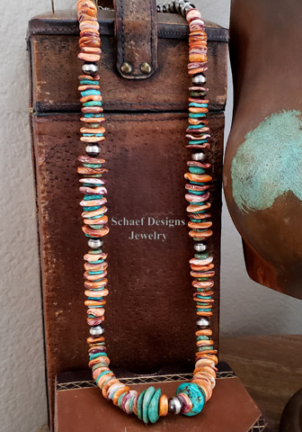 Schaef Designs orange spiny oyster, turquoise, & sterling silver Navajo Pearl Southwestern necklace | Arizona