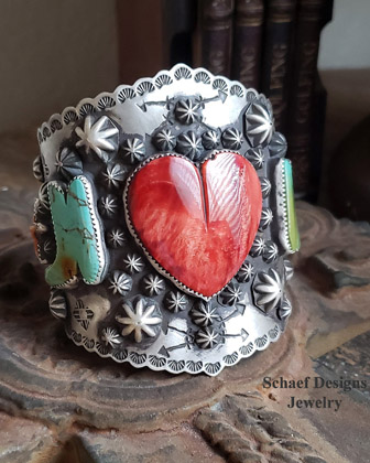 Schaef Designs Large Spiny heart & stars and turquoise boots, sterling silver cuff bracelet | Arizona