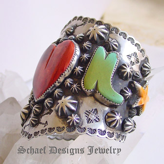 Schaef Designs Large Spiny heart & stars and turquoise boots, sterling silver cuff bracelet | Arizona