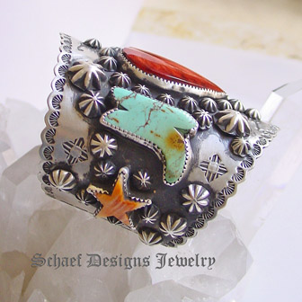 Schaef Designs Large Spiny heart & stars and turquoise boots, sterling silver cuff bracelet | Arizona