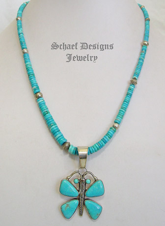 Lorenzo James Blue Turquoise & Sterling Silver Butterfly Pendant with Turquoise & Bench Bead Necklace | Schaef Designs | New Mexico 