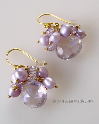 Schaef Designs Mystic Pink Amethyst Briolettes,  crowned with lavendar pearls & amethysts 22kt gold vermeil gemstone earrings | New Mexico  