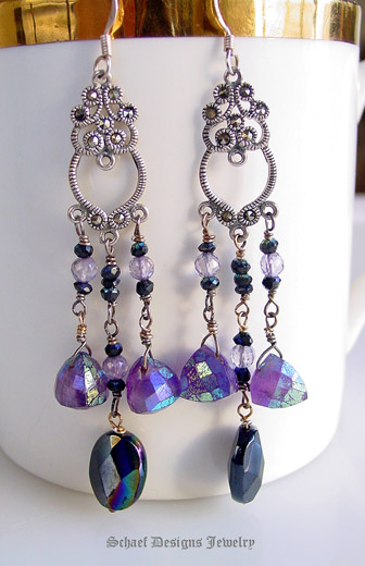 Exquisite Marcasite Chandeliers are the basis for these gorgeous earrings of mystic amethyts black onyx & spinel and sterling silver | Schaef Designs Gemstone Jewelry | New Mexico  