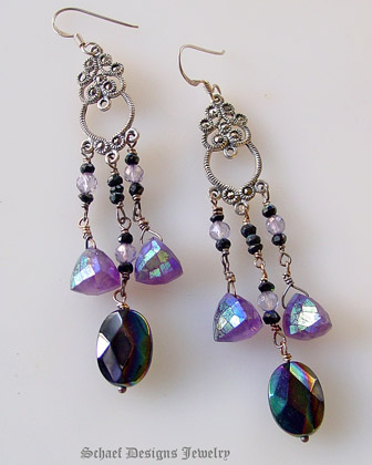 Exquisite Marcasite Chandeliers are the basis for these gorgeous earrings of mystic amethyts black onyx & spinel and sterling silver Schaef Designs Gemstone Jewelry | San Diego, CA  