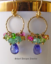 Peridot apatite pink rubies citrine chrome diopside & tanzanite CZs gemstones on brushed gold 22kt gold vermeil ring & dangle earrings | Schaef Designs gemstone & pearl earrings | New Mexico  