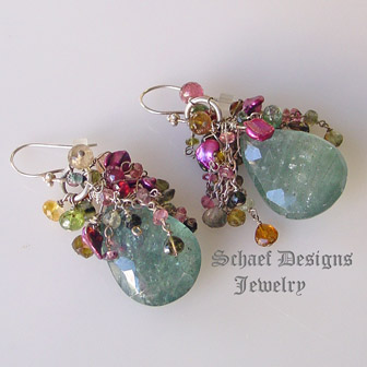 Schaef Designs Large Moss Aquamarine Tourmaline Pearl & Sterling Silver Wire Earrings | Arizona