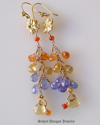 Schaef Designs Tanzanite Citrine Sesparite Briolettes paired with Carnelian & 22kt gold vermeil long dangle gemstone earrings | New Mexico 