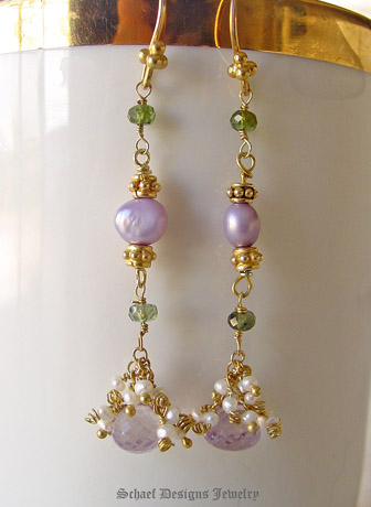 Schaef Designs Pink amethyst onion cut briolettes, green tourmalines, seed pearls & 22kt gold vermeil Long Dangle Earrings |  New Mexico 