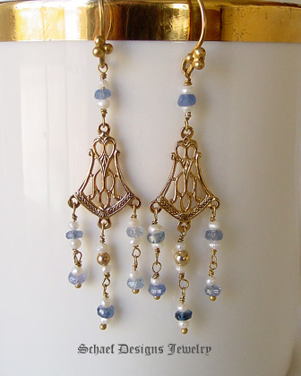 Schaef Designs Blue sapphires & white seed pearls on 22kt gold vermeil dangle Victorian style earrings | New Mexico