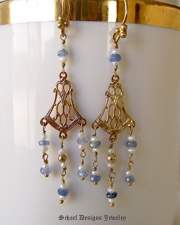 Blue sapphires & white seed pearls on 22kt gold vermeil dangle Victorian style earrings | Schaef Designs gemstone & pearl earrings | New Mexico  