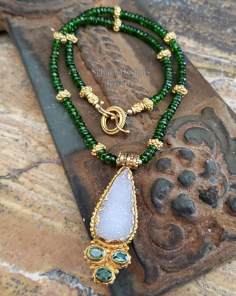 Schaef Designs Deep green chrome diopside, white druzy, & 24kt gold vermeil pendant on chrome diopside necklace | New Mexico 