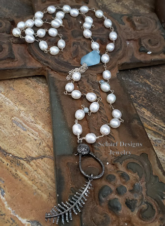 Schaef Designs pave diamond feather pendant on white freshwater pearl & aquamarine necklace | Arizona 