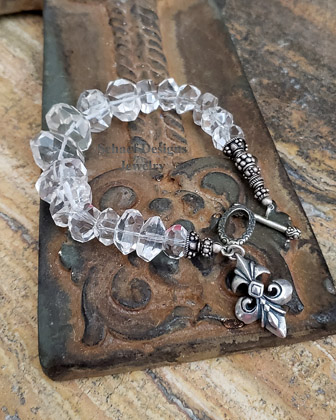 Schaef Designs Clear Crystal Quartz Nugget & Sterling Silver Bracelet with Fleur de Lis charm | New Mexico