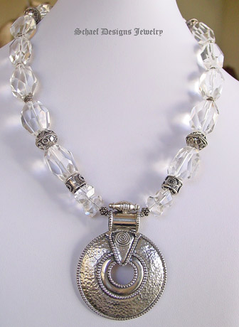 Schaef Designs Clear quartz & sterling silver necklace with large round hammered sterling silver pendant | New Mexico 