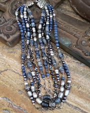 Schaef Designs Kyanite Pearls Pyrite & Sterling Silver Designer Bib Necklace | New Mexico