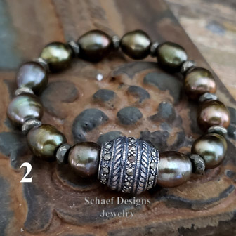 Schaef Designs Olive freshwater pearls, bronze pyrite, marcasite & sterling silver stacking bracelets | Arizona 