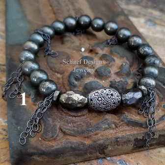 Schaef Designs Olive freshwater pearls, bronze pyrite, marcasite & sterling silver stacking bracelets | Arizona 