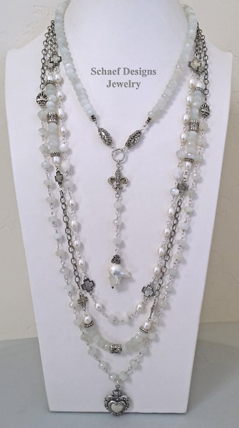 Schaef Designs Gray Moonstone & large freshwater pearl, hematite, & sterling silver rosary style layering necklace trio | New Mexico