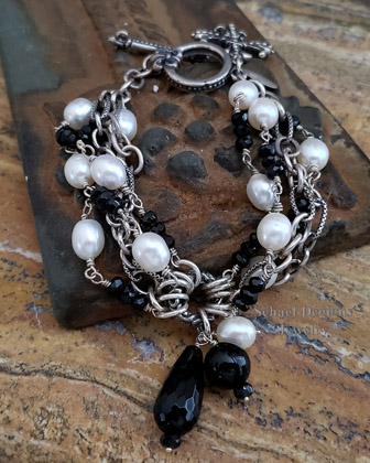 Schaef Designs Black Onyx White Freshwater Pearl & Sterling Silver Figaro Chain Multi Strand Bracelet | Arizona 