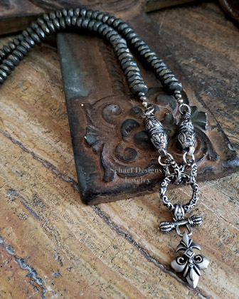Schaef Designs Bronze Pearl Pyrite & Sterling Silver Necklace Set with Fleur de Lis Tag | New Mexico