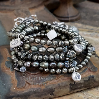 Schaef Designs Gemstone stacking bracelets pyrite, olive pearl, & sterling silver | Arizona 