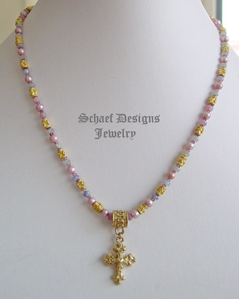 Schaef Designs Pastel Shaded Sapphires, Pink Tourmaline & 22kt Gold Vermeil Gemstone Short Cross Necklace | New Mexico