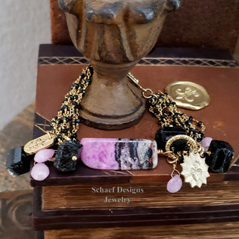 Schaef Designs Sugilite, black tourmaline, pink Sapphire briolettes 22kt gold vermeil bracelet with fleur de lis charms | Arizona
