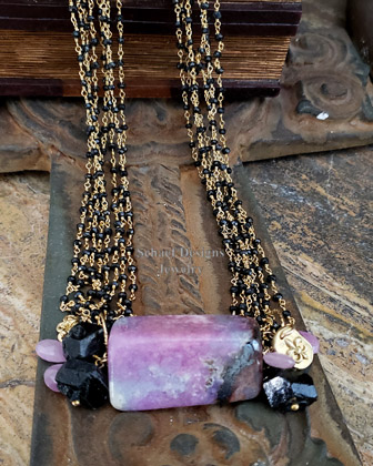 Schaef Designs Shaded & watermelon tourmalines on 22kt gold vermeil chain with deep green cz pendant | Arizona  