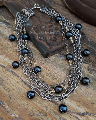 Schaef Designs Tahitian Pearl & Sterling Silver Figaro Chain Bib Necklace | New Mexico 