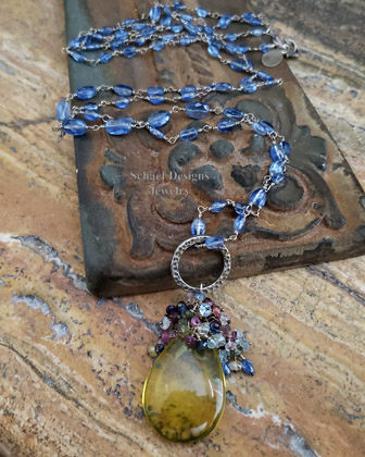 Schaef Designs Smooth lemon topaz briolette crowned with multi colored sapphires on hand linked kyanite & sterling silver necklace | Arizona 