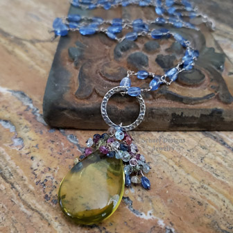 Schaef Designs Smooth lemon topaz briolette crowned with multi colored sapphires on hand linked kyanite & sterling silver necklace | Arizona