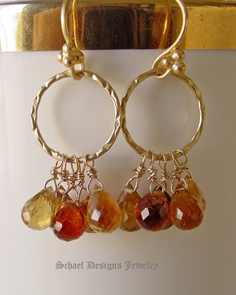 Schaef Designs Shaded Citrine faceted briolettes on 22kt gold vermeil ring dangle earrings | New Mexico 
