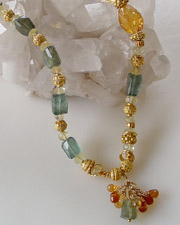 Schaef Designs Artisan handcrafted gemstone necklace of citrine nuggets, rare moss aquamarine and 22kt gold vermeil | New Mexico
