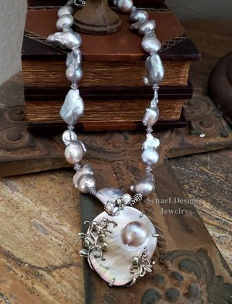 Nucleated freshwater pearl, scorolite, & sterling silver necklace with mabe pearl pendant | online upscale designer jewelry boutique | Schaef Designs designer pearl & gemstone jewelry | Arizona 