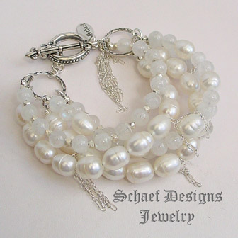  Schaef Designs White Freshwater Pearl Moonstone Sterling Silver Chain 5 Strand Stacking Gemstone Bracelets | New Mexico 
