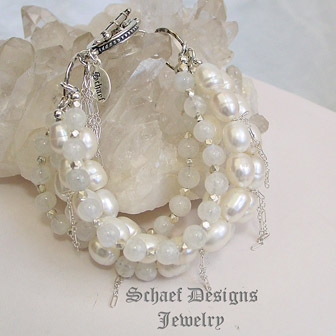  Schaef Designs White Freshwater Pearl Moonstone Sterling Silver Chain 5 Strand Stacking Gemstone Bracelets | New Mexico 