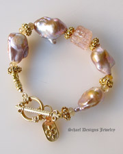 Irridescent Pink to Peach Freshwater Pearls, Imperial Topaz & 22kt Gold Vermeil Bracelet  | Online upscale artisan handcrafted pearl & gemstone jewelry boutique | Schaef Designs Pearl Jewelry | San Diego, CA 