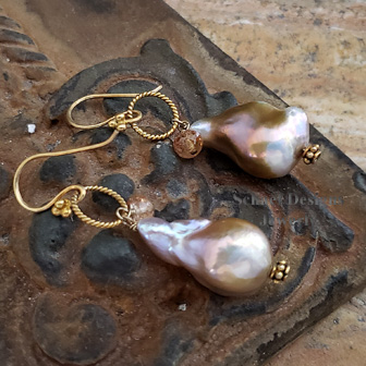 Schaef Designs Irridescent Pink to Peach Freshwater Pearls, Imperial Topaz & 22kt Gold Vermeil Earrings | New Mexico