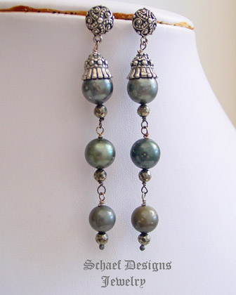 Schaef Designs shaded Tahitian Pearl & faceted bronze pyrite dangle post earrings | New Mexico 