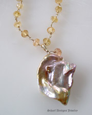 Schaef Designs Irridescent Pink to Peach Freshwater nucleated Pearls on Imperial Topaz & 22kt Gold Vermeil Necklace | New Mexico