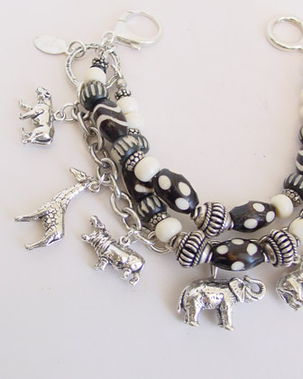  Schaef Designs black & white trade bead & sterling silver endangered species african animals 3 strand white coral charm bracelet | New Mexico