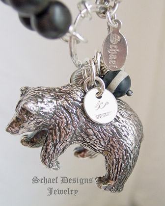 Susan Cummings Large Bear Charm on Schaef Designs Sterling Silver & Black 
Wooden Bead Charm Bracelet | New Mexico 