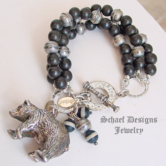 Susan Cummings Large Bear Charm on Schaef Designs Sterling Silver & Black 
wooden bead charm bracelet | New Mexico 