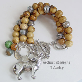 Susan Cummings Vintage Wolf Charm on Schaef Designs Wooden Gemstone & sterling
Silver Bead Charm Bracelet | New Mexico 