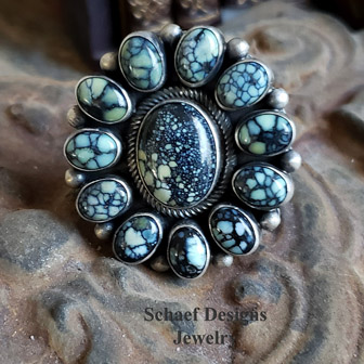  Native American artist signed Bea Tom New Lander Turquoise & Sterling silver cluster ring | Schaef Designs Southwestern, Native American, & turquoise collectible Jewelry | New Mexico 