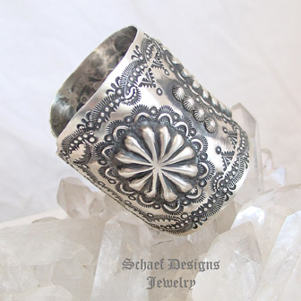   Vince Platero sterling silver hand stamped repousse Southwestern medium cuff bracelet | Schaef Designs  | New Mexico 